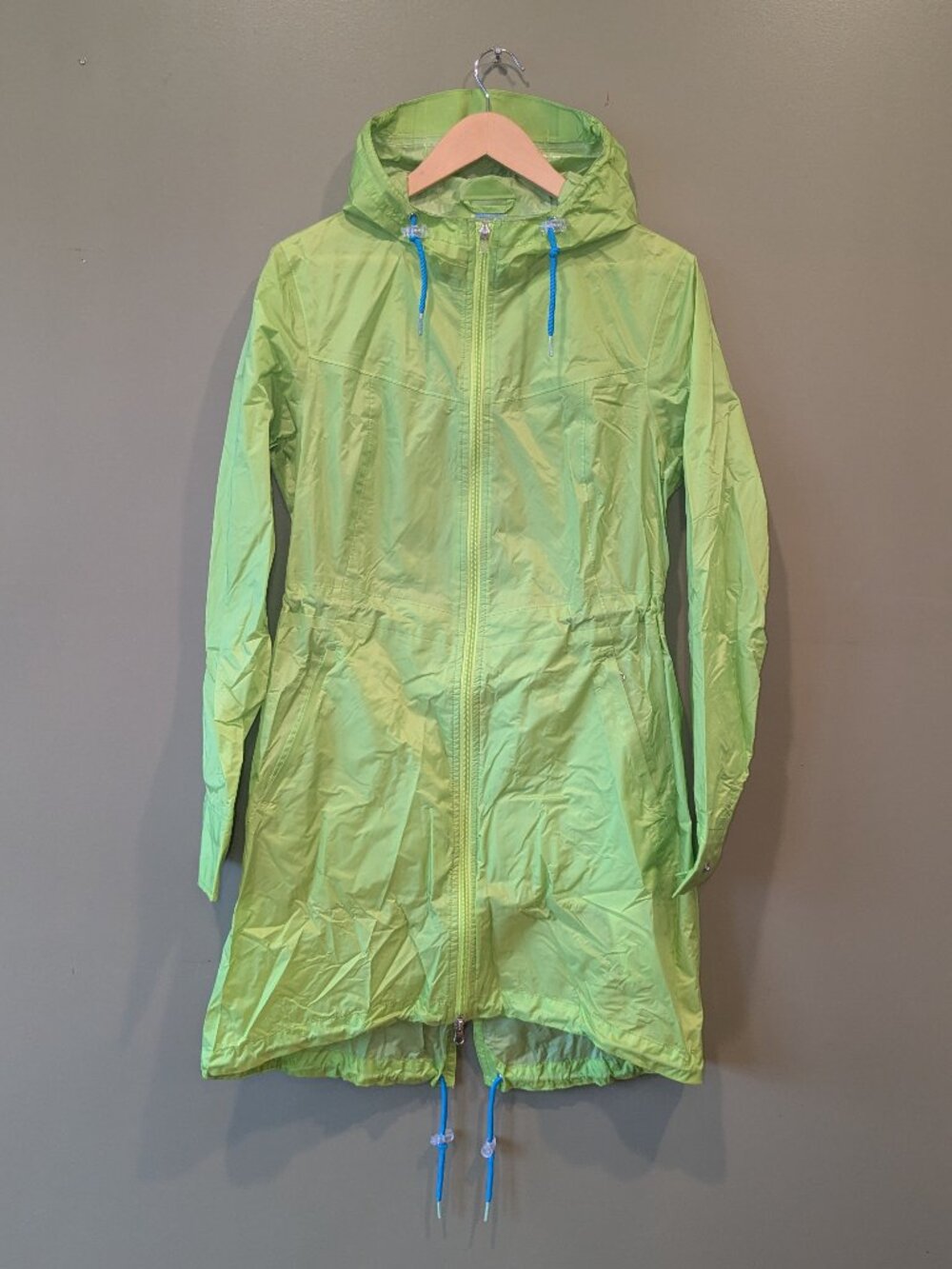 Marmot Neon Green Rain Coat Med Long Windbreaker Drawstring Hooded Shell Park